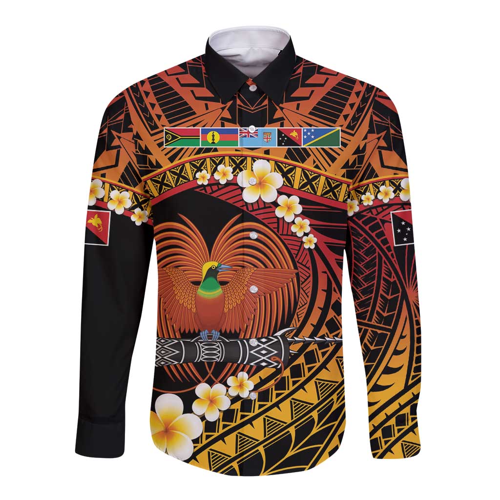 Melanesian Papua New Guinea Long Sleeve Button Shirt Plumeria Bird of Paradise Tribal LT9 Unisex Red - Polynesian Pride