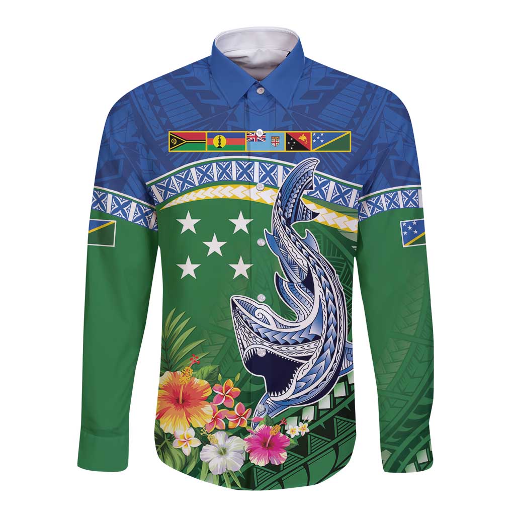 Melanesian Solomon Islands Long Sleeve Button Shirt Tropical Shark Tattoo LT9 Unisex Blue - Polynesian Pride