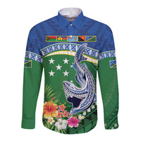 Melanesian Solomon Islands Long Sleeve Button Shirt Tropical Shark Tattoo LT9 Unisex Blue - Polynesian Pride