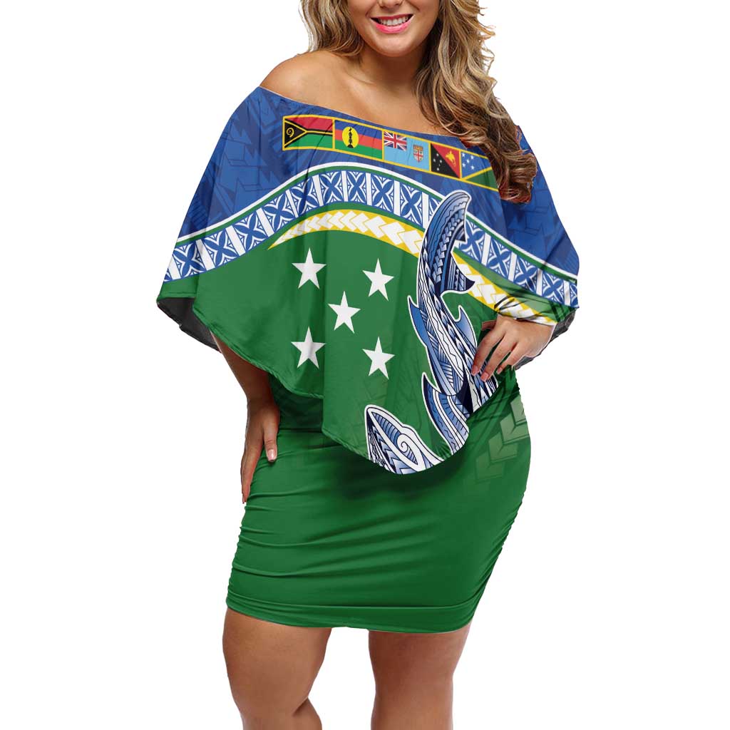 Melanesian Solomon Islands Off Shoulder Short Dress Tropical Shark Tattoo LT9 Women Blue - Polynesian Pride
