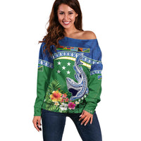 Melanesian Solomon Islands Off Shoulder Sweater Tropical Shark Tattoo LT9 Women Blue - Polynesian Pride