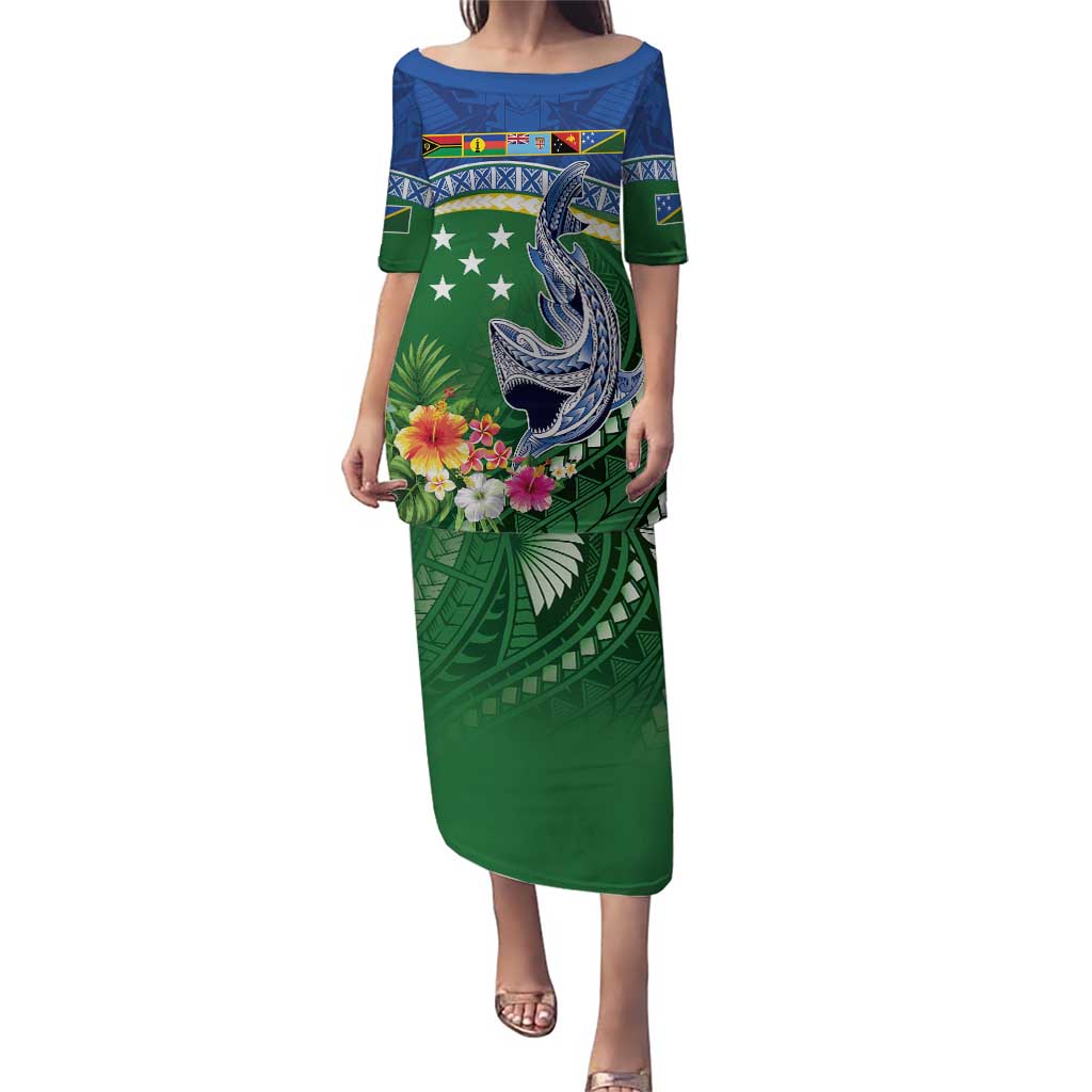 Melanesian Solomon Islands Puletasi Tropical Shark Tattoo LT9 Long Dress Blue - Polynesian Pride