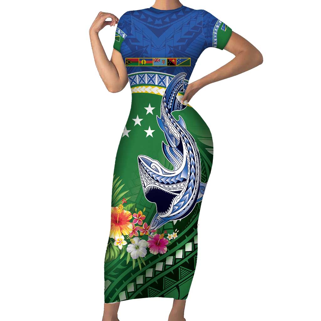 Melanesian Solomon Islands Short Sleeve Bodycon Dress Tropical Shark Tattoo LT9 Long Dress Blue - Polynesian Pride