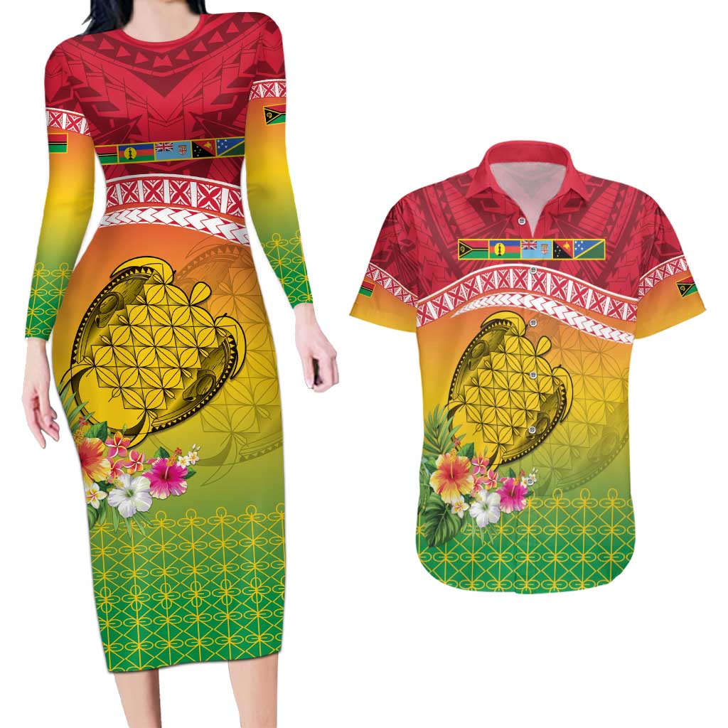 Melanesian Ni-Vanuatu Couples Matching Long Sleeve Bodycon Dress and Hawaiian Shirt Sea Turtle with Sand Drawing Pattern