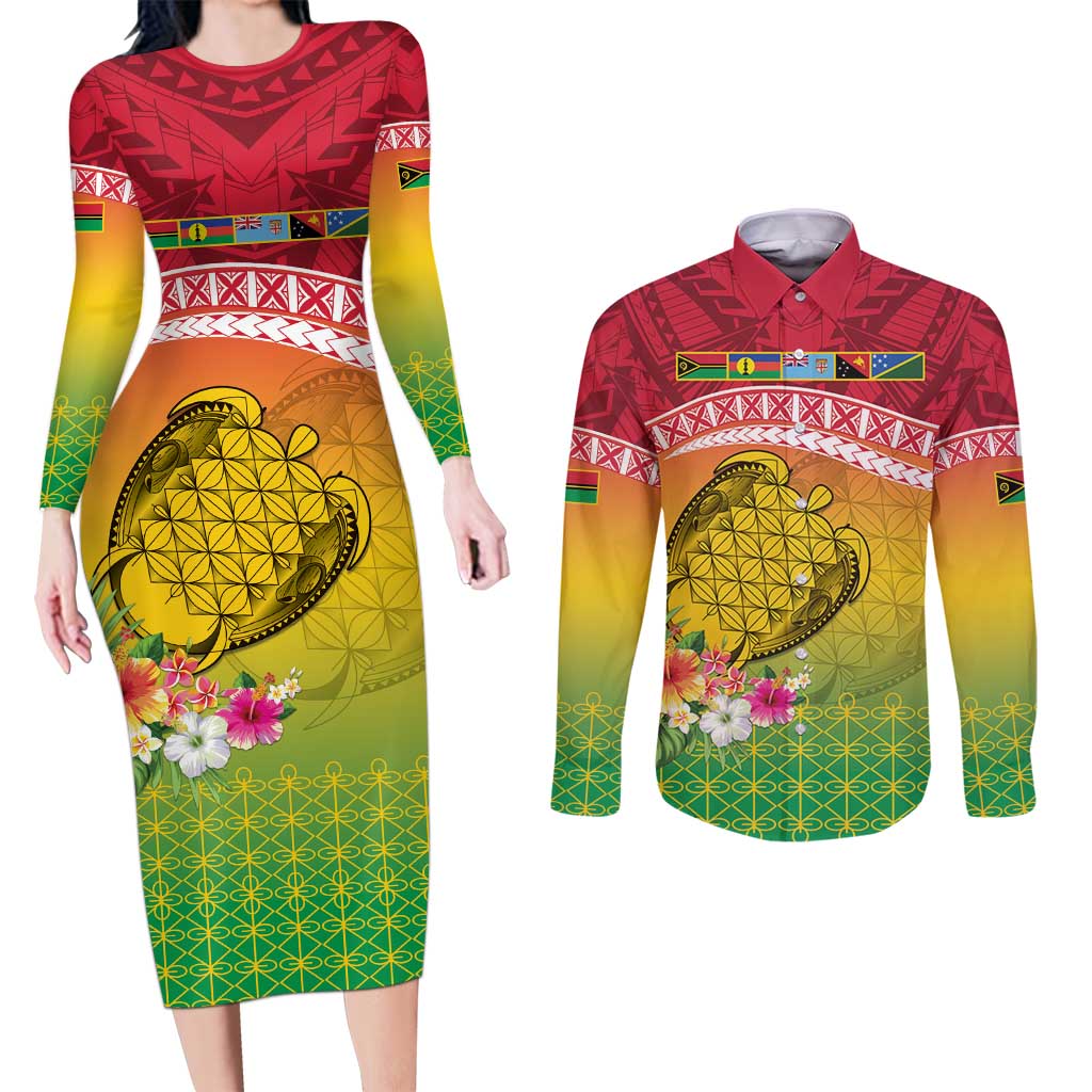 Melanesian Ni-Vanuatu Couples Matching Long Sleeve Bodycon Dress and Long Sleeve Button Shirt Sea Turtle with Sand Drawing Pattern