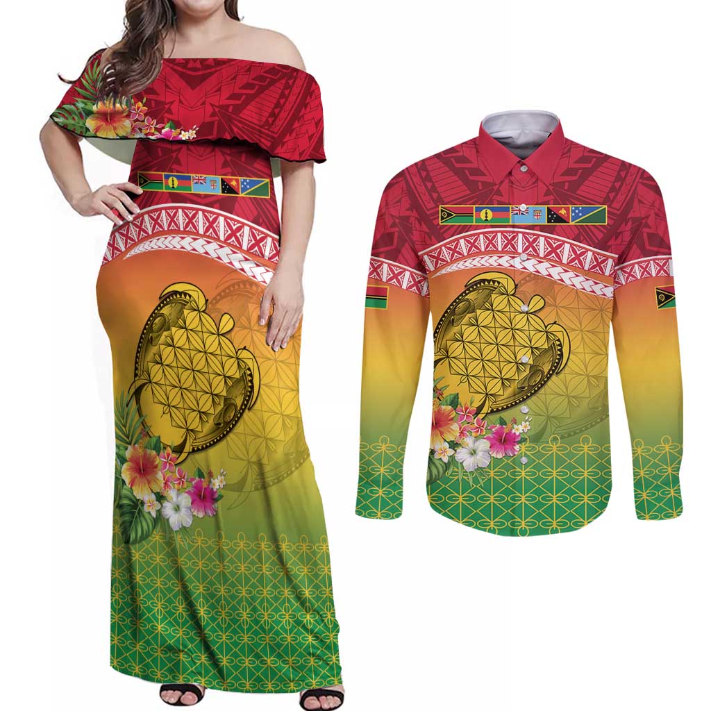 Melanesian Ni-Vanuatu Couples Matching Off Shoulder Maxi Dress and Long Sleeve Button Shirt Sea Turtle with Sand Drawing Pattern