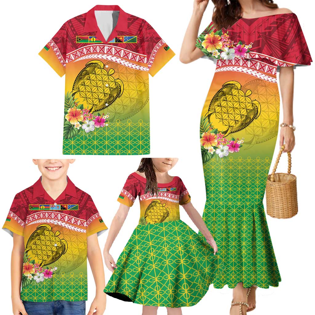 Melanesian Ni-Vanuatu Family Matching Mermaid Dress and Hawaiian Shirt Sea Turtle with Sand Drawing Pattern