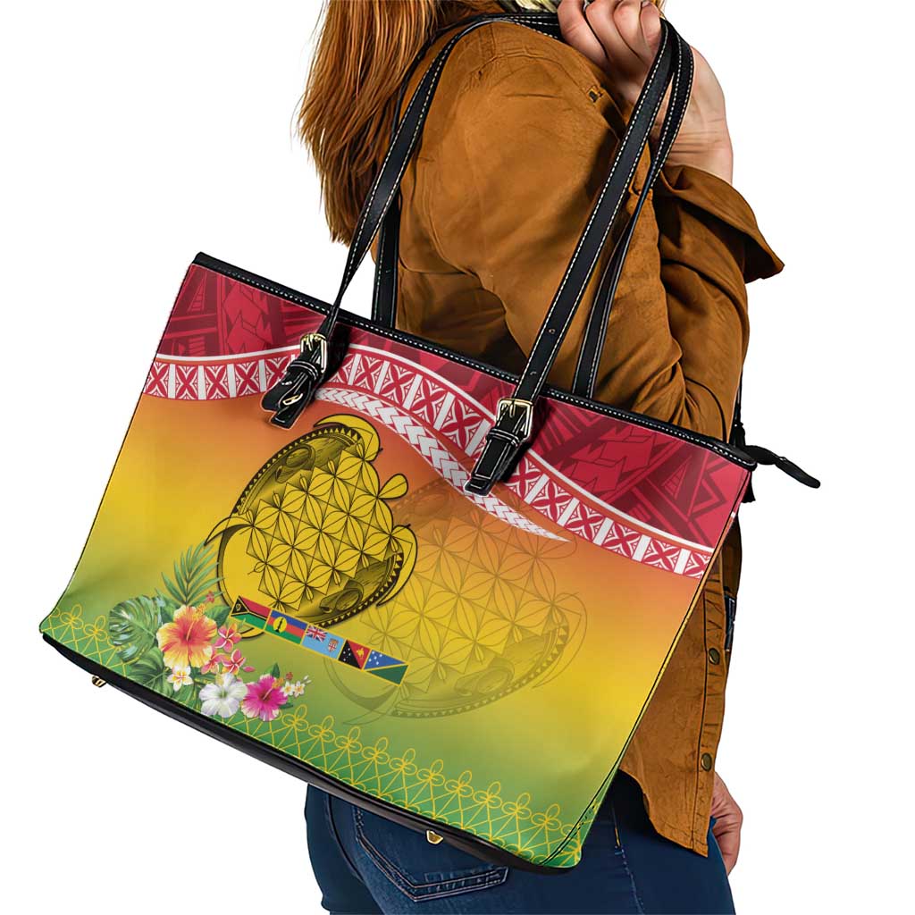 Melanesian Ni-Vanuatu Leather Tote Bag Sea Turtle with Sand Drawing Pattern LT9 - Polynesian Pride