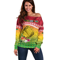 Melanesian Ni-Vanuatu Off Shoulder Sweater Sea Turtle with Sand Drawing Pattern LT9 Women Reggae - Polynesian Pride