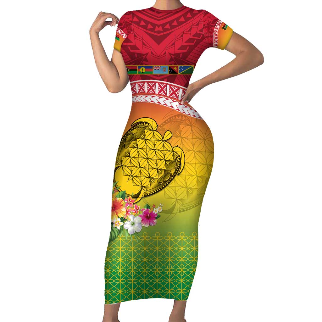 Melanesian Ni-Vanuatu Short Sleeve Bodycon Dress Sea Turtle with Sand Drawing Pattern LT9 Long Dress Reggae - Polynesian Pride