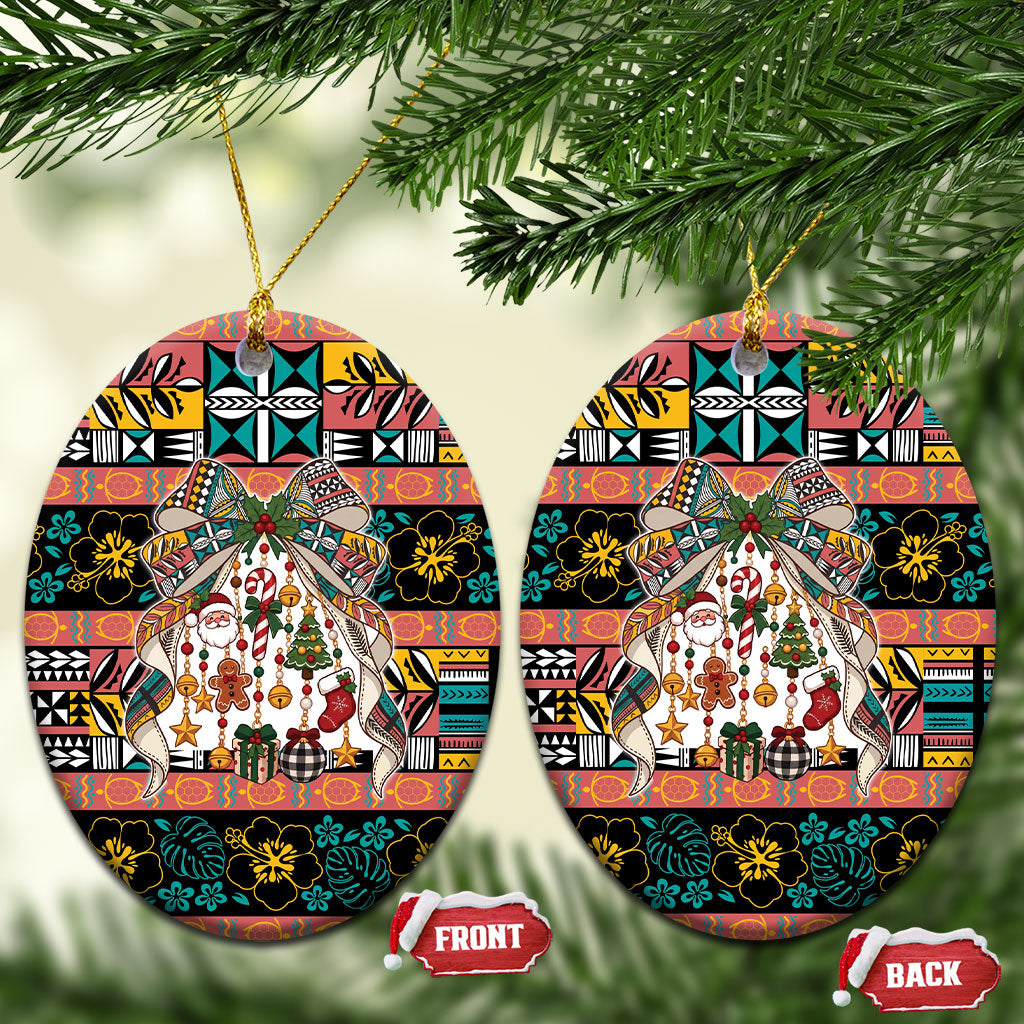 Niue Hiapo Christmas Bow Ceramic Ornament Hapi Krismas Colorful Motif LT9 Oval Multicolor - Polynesian Pride