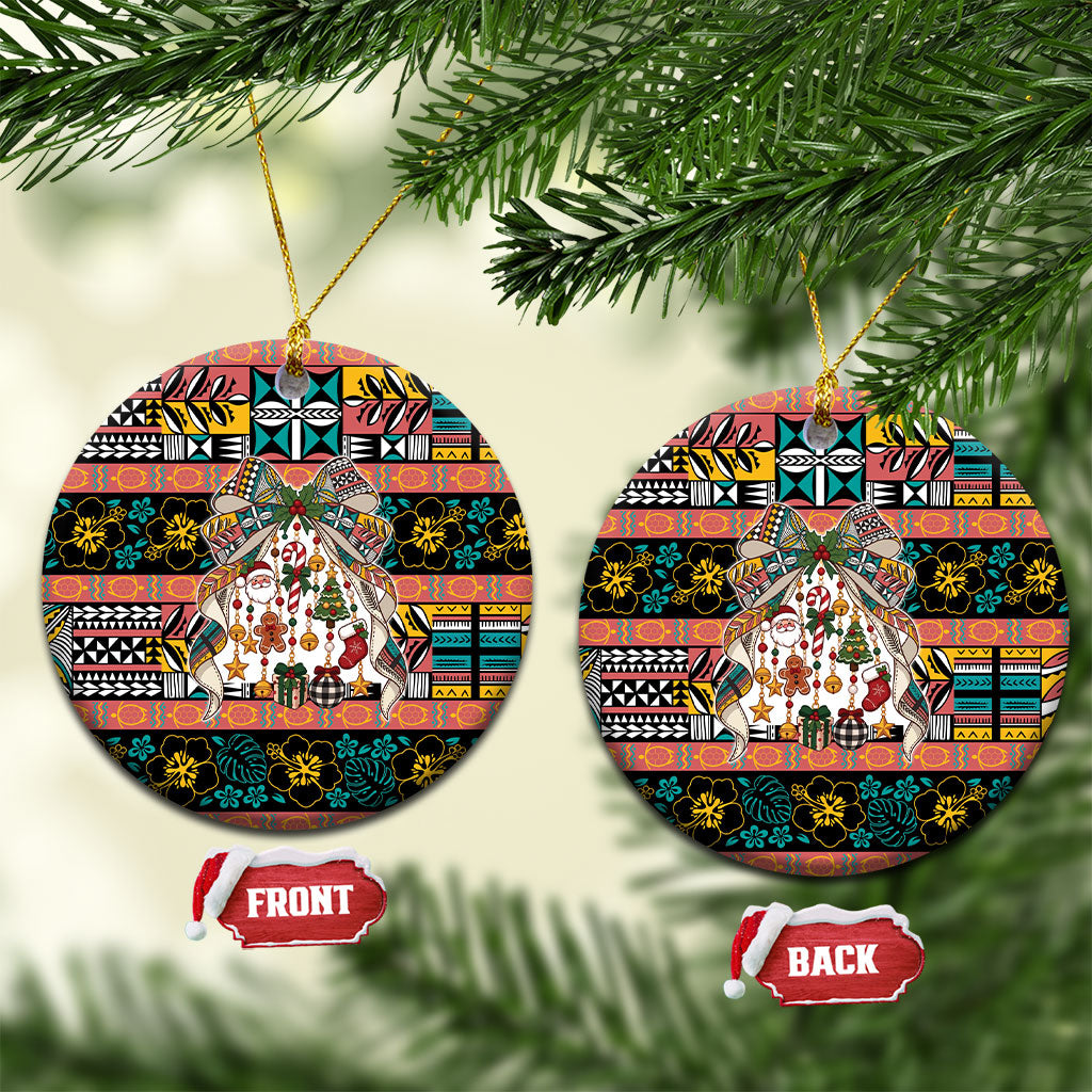 Niue Hiapo Christmas Bow Ceramic Ornament Hapi Krismas Colorful Motif LT9 Circle Multicolor - Polynesian Pride