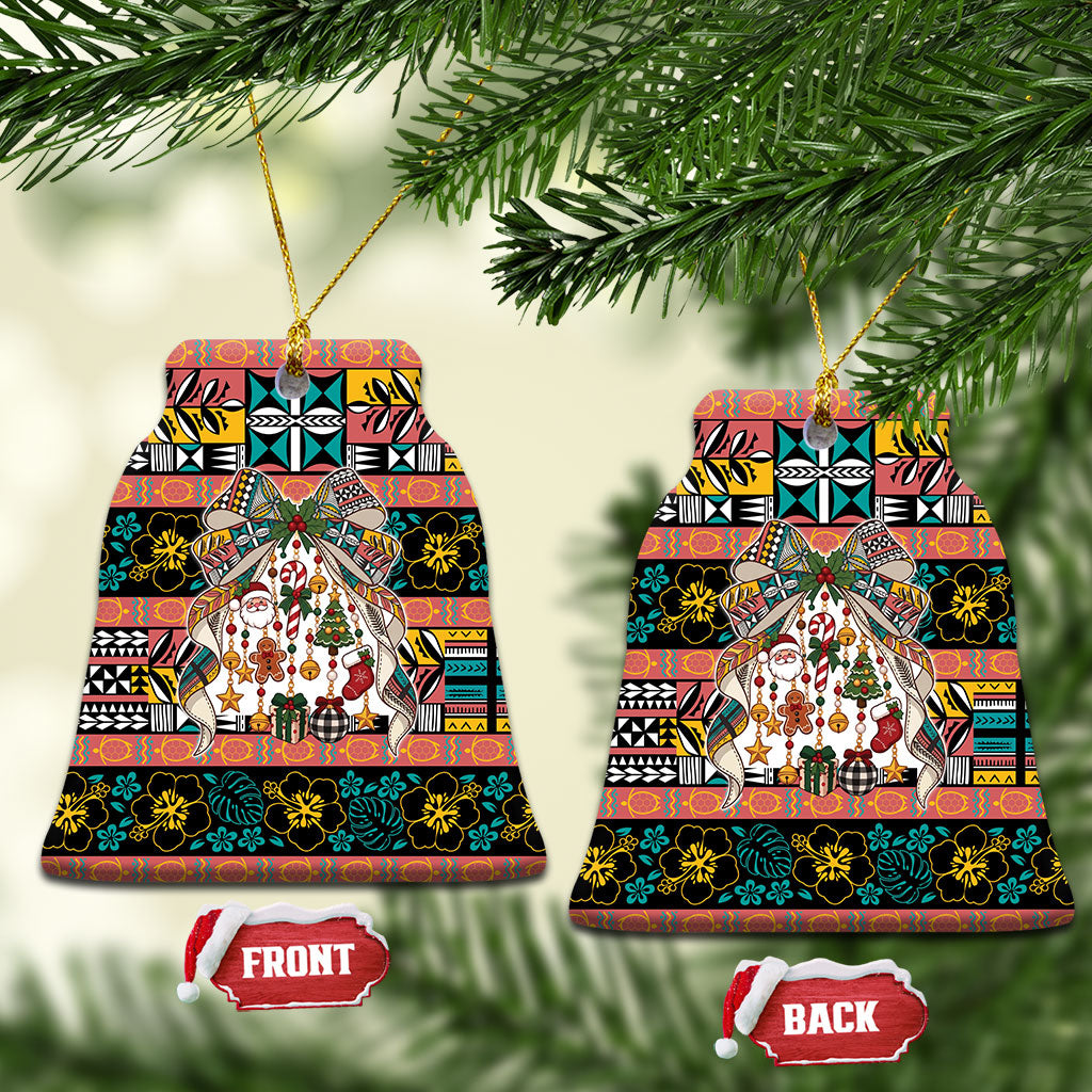 Niue Hiapo Christmas Bow Ceramic Ornament Hapi Krismas Colorful Motif LT9 Bell Flake Multicolor - Polynesian Pride