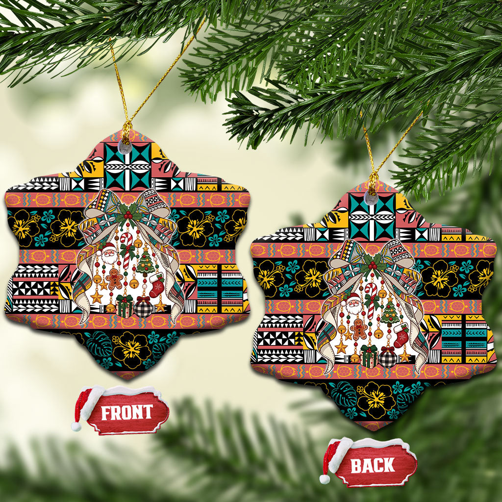 Niue Hiapo Christmas Bow Ceramic Ornament Hapi Krismas Colorful Motif LT9 Snow Flake Multicolor - Polynesian Pride