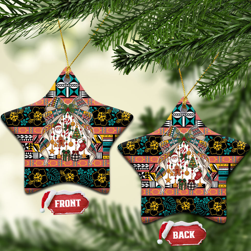 Niue Hiapo Christmas Bow Ceramic Ornament Hapi Krismas Colorful Motif LT9 Star Multicolor - Polynesian Pride