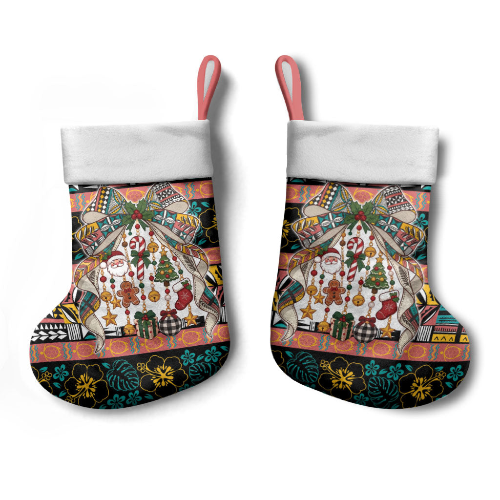Niue Hiapo Christmas Bow Christmas Stocking Hapi Krismas Colorful Motif LT9 - Polynesian Pride