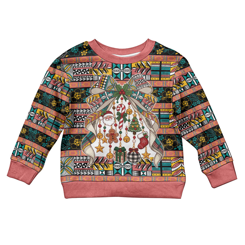 Niue Hiapo Christmas Bow Kid Ugly Christmas Sweater Hapi Krismas Colorful Motif LT9 Kid Multicolor - Polynesian Pride