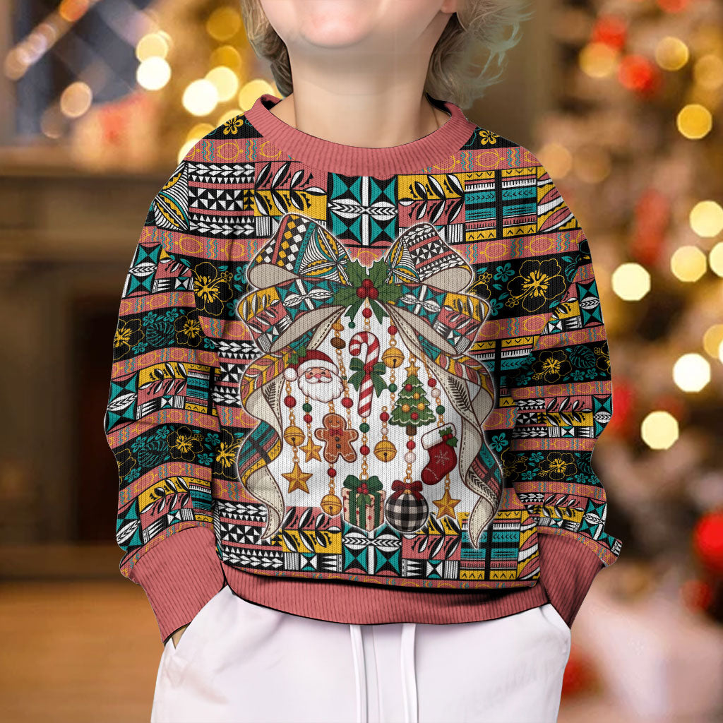 Niue Hiapo Christmas Bow Kid Ugly Christmas Sweater Hapi Krismas Colorful Motif LT9 - Polynesian Pride