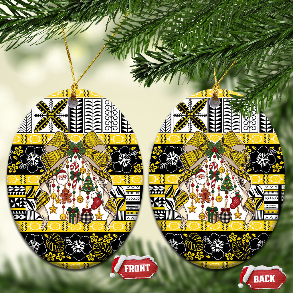 Niue Hiapo Christmas Bow Ceramic Ornament Hapi Krismas Niuean Geometric Motif LT9 Oval Multicolor - Polynesian Pride