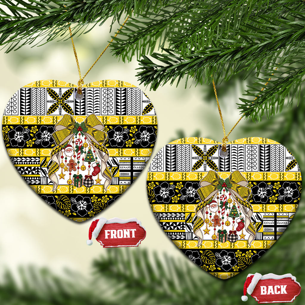 Niue Hiapo Christmas Bow Ceramic Ornament Hapi Krismas Niuean Geometric Motif LT9 Heart Multicolor - Polynesian Pride