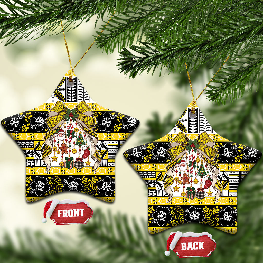 Niue Hiapo Christmas Bow Ceramic Ornament Hapi Krismas Niuean Geometric Motif LT9 Star Multicolor - Polynesian Pride