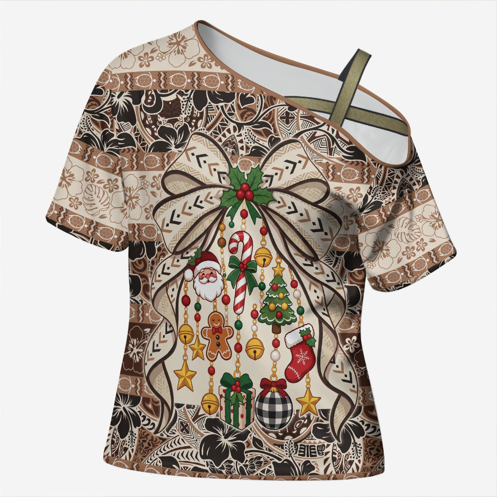 Tuvalu Woven Mat Christmas Bow Cross Shoulder Shirt Ke Manuia Te Kilisimasi LT9 Female Multicolor - Polynesian Pride
