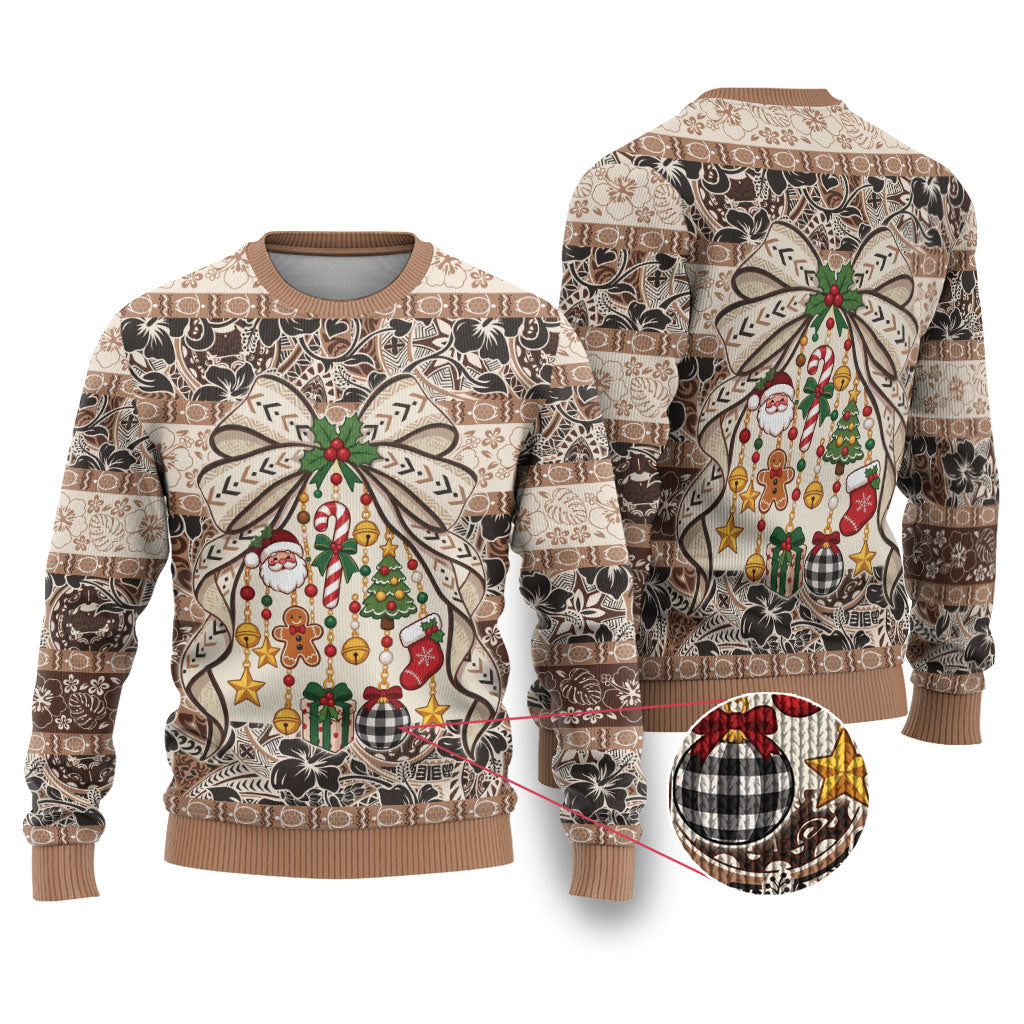 Tuvalu Woven Mat Christmas Bow Ugly Christmas Sweater Ke Manuia Te Kilisimasi LT9 Multicolor - Polynesian Pride