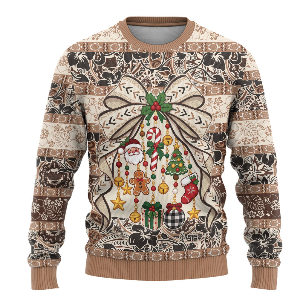 Tuvalu Woven Mat Christmas Bow Ugly Christmas Sweater Ke Manuia Te Kilisimasi LT9 - Polynesian Pride
