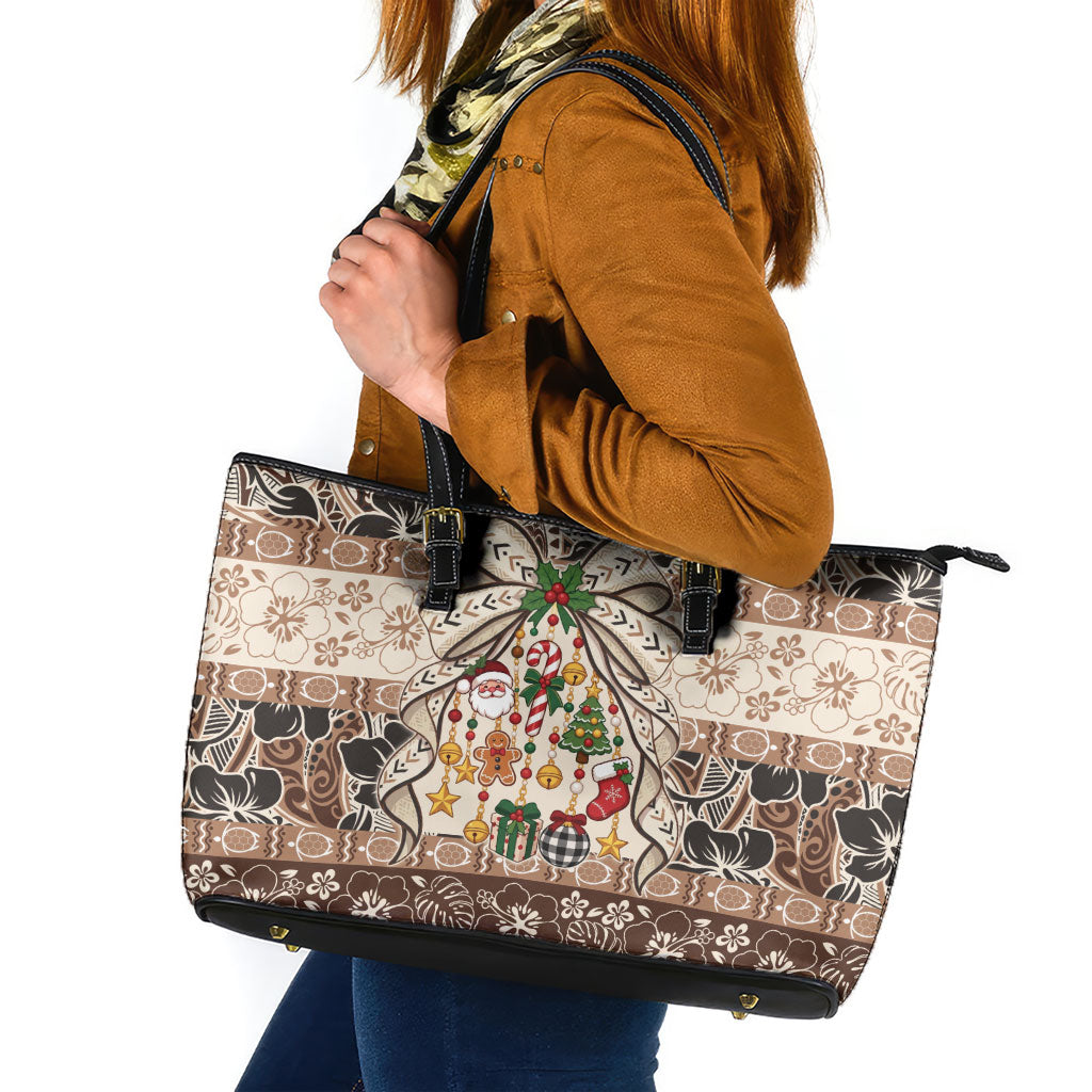 Tuvalu Woven Mat Christmas Bow Leather Tote Bag Ke Manuia Te Kilisimasi LT9 Multicolor - Polynesian Pride