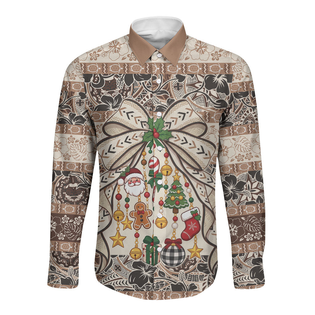 Tuvalu Woven Mat Christmas Bow Long Sleeve Button Shirt Ke Manuia Te Kilisimasi LT9 Unisex Multicolor - Polynesian Pride