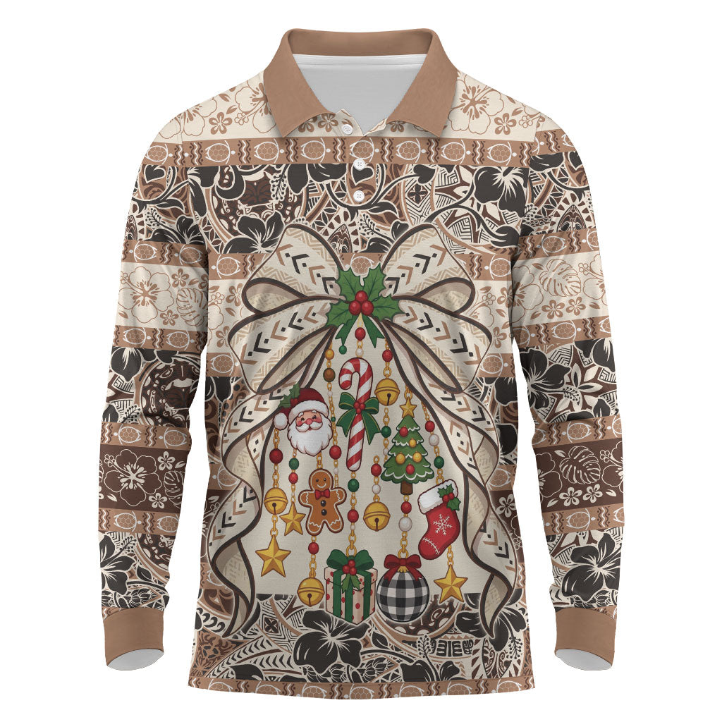 Tuvalu Woven Mat Christmas Bow Long Sleeve Polo Shirt Ke Manuia Te Kilisimasi LT9 Multicolor - Polynesian Pride