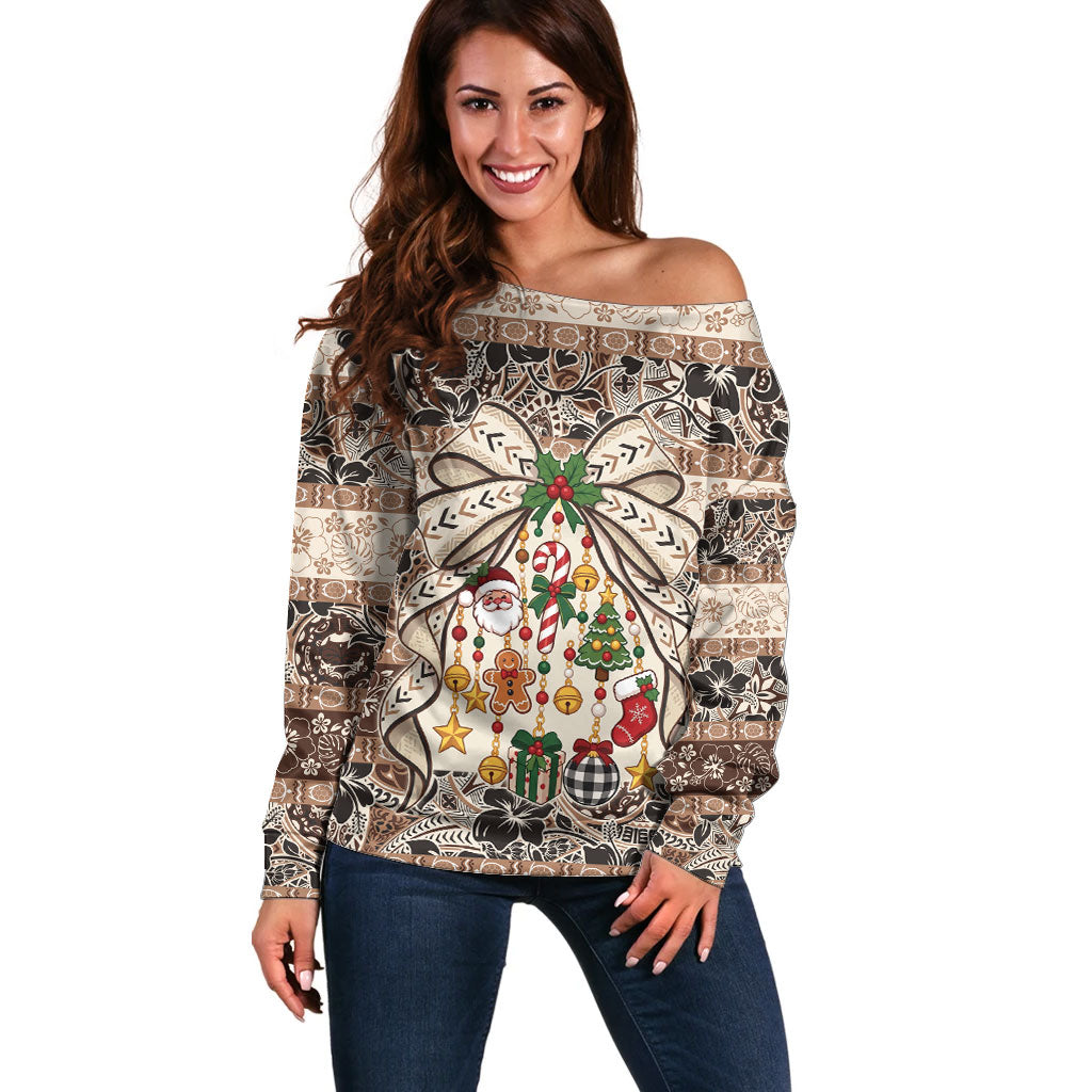 Tuvalu Woven Mat Christmas Bow Off Shoulder Sweater Ke Manuia Te Kilisimasi LT9 Women Multicolor - Polynesian Pride
