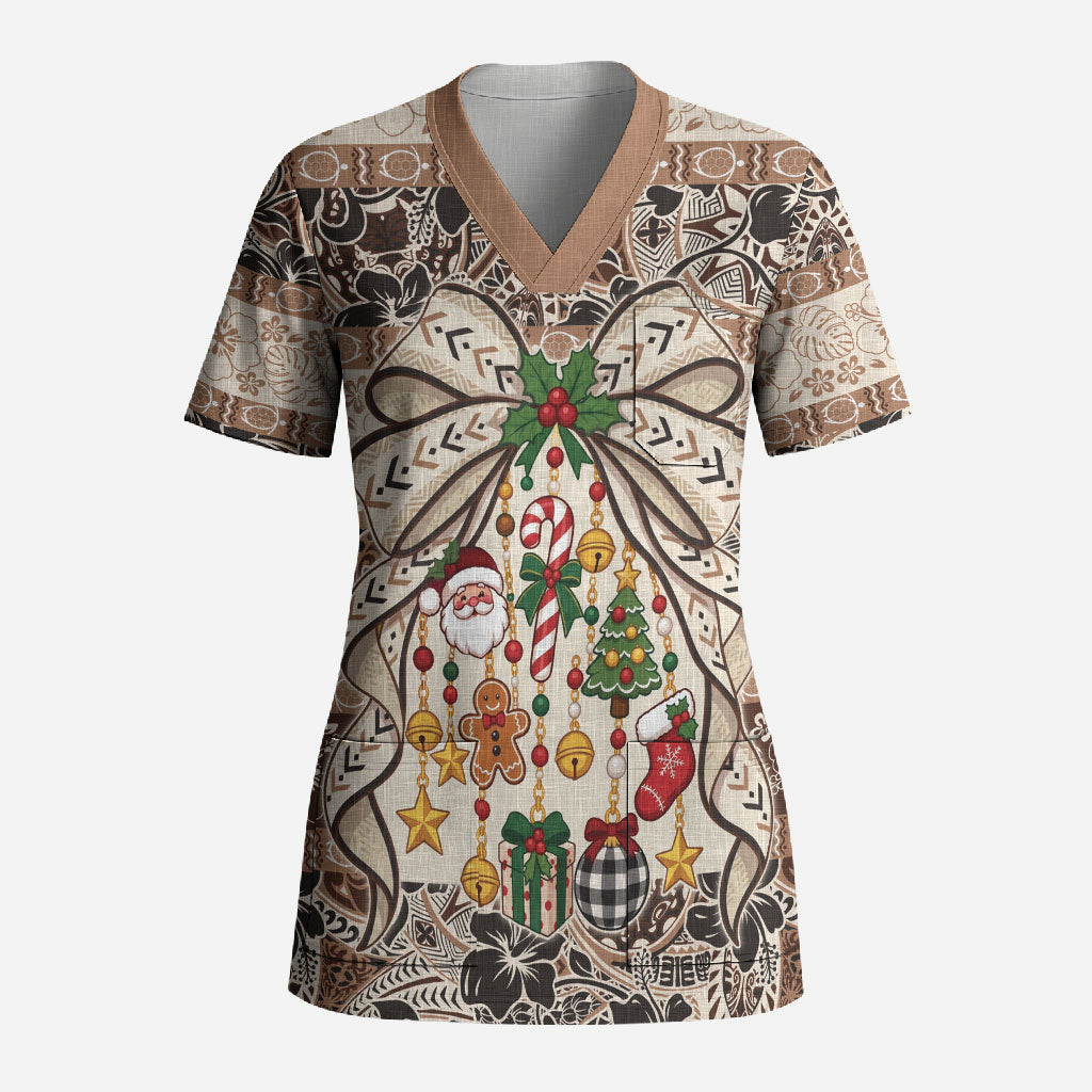 Tuvalu Woven Mat Christmas Bow Scrub Top Ke Manuia Te Kilisimasi LT9 Adult Multicolor - Polynesian Pride
