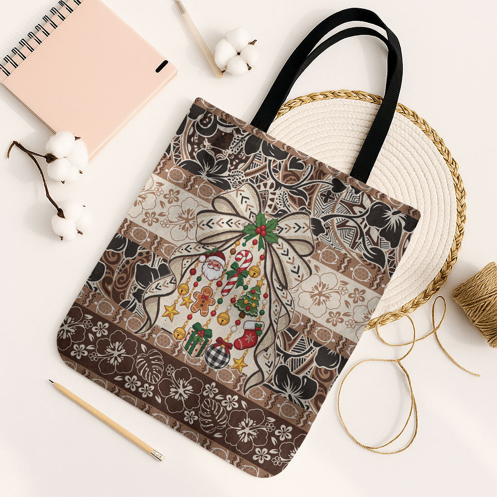 Tuvalu Woven Mat Christmas Bow Tote Bag Ke Manuia Te Kilisimasi LT9 Black Strap One Size Multicolor - Polynesian Pride