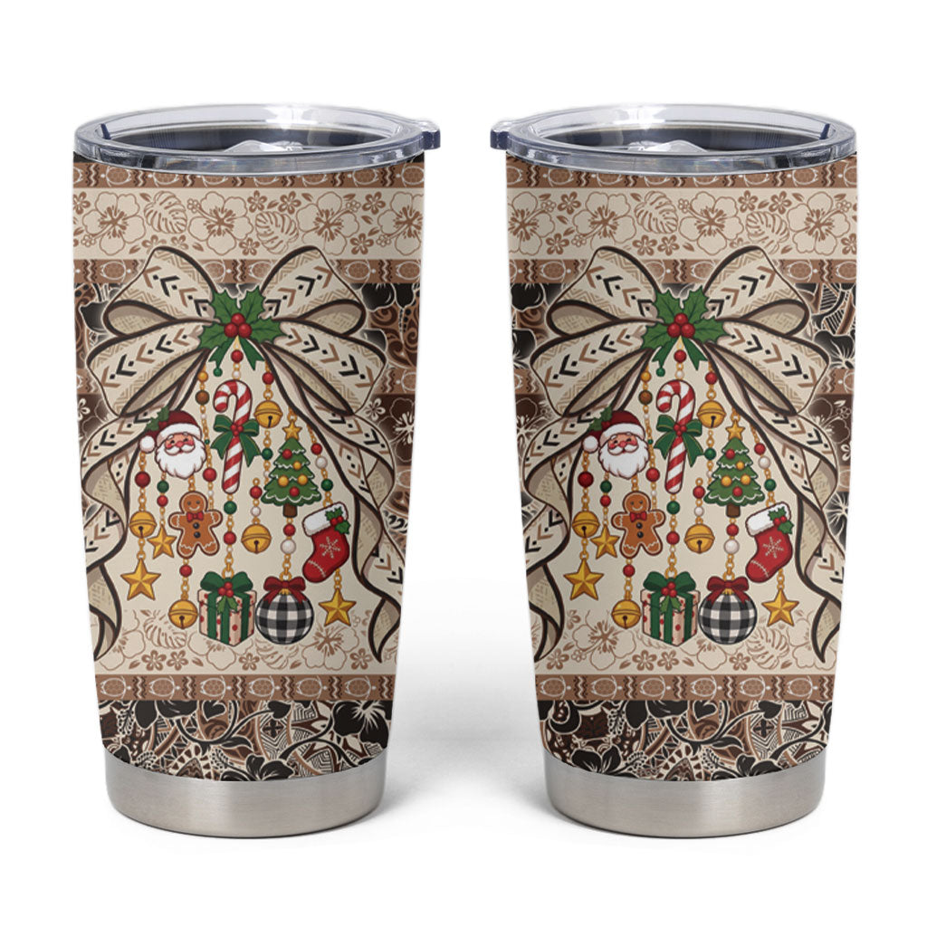 Tuvalu Woven Mat Christmas Bow Tumbler Cup Ke Manuia Te Kilisimasi LT9 Multicolor - Polynesian Pride