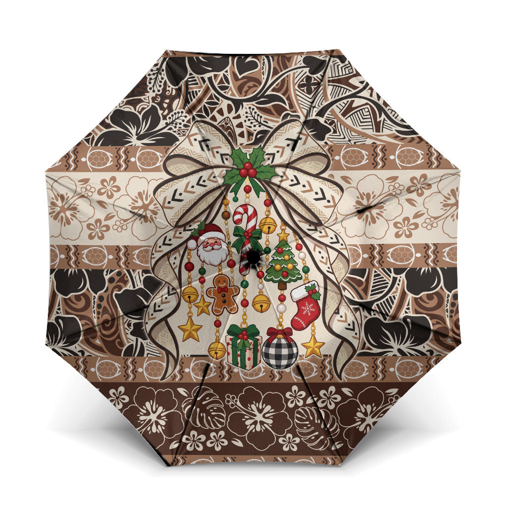 Tuvalu Woven Mat Christmas Bow Umbrella Ke Manuia Te Kilisimasi LT9 One Size Folded 11.42 inch Opened Diameter 37.4 inch Multicolor - Polynesian Pride