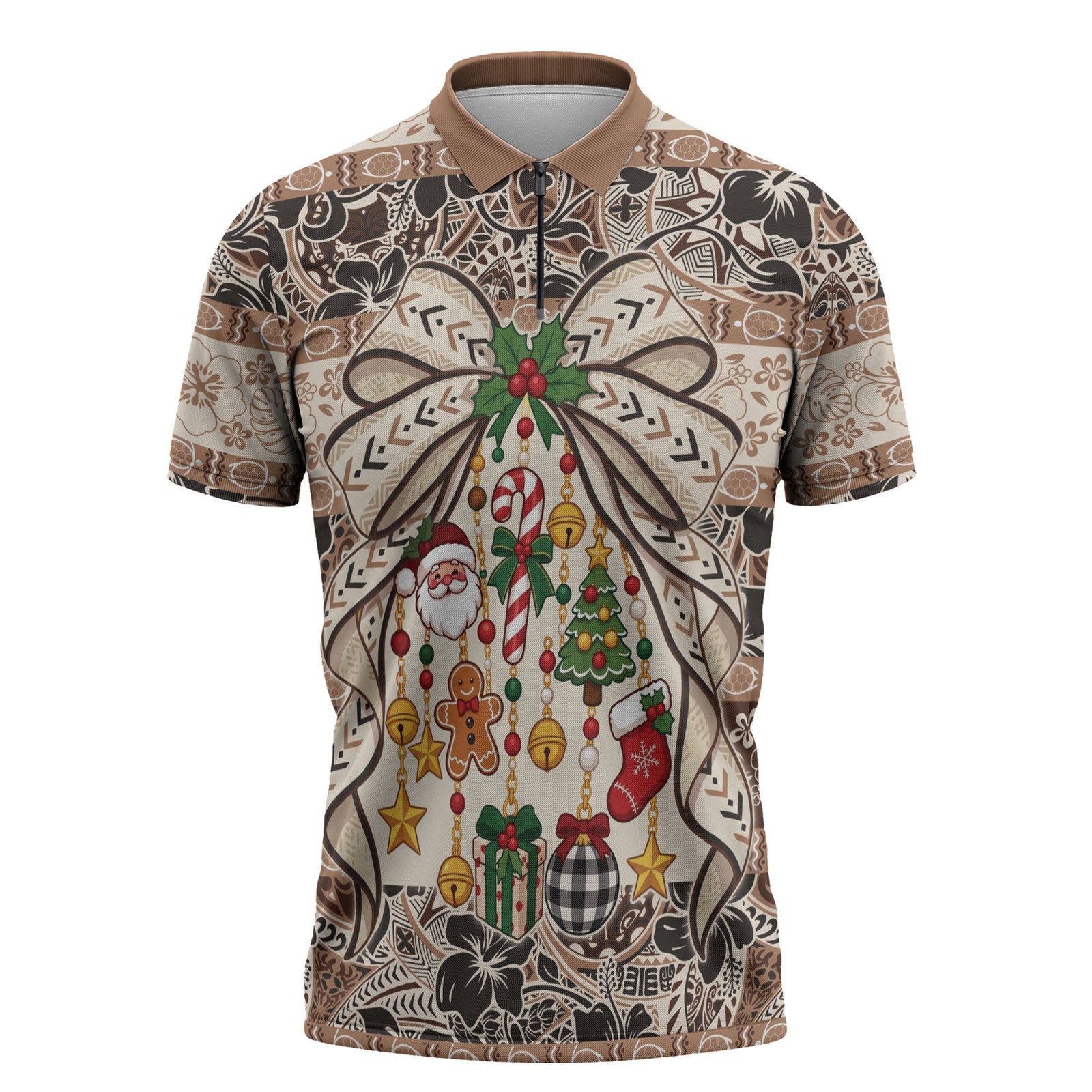 Tuvalu Woven Mat Christmas Bow Zipper Polo Shirt Ke Manuia Te Kilisimasi LT9 Multicolor - Polynesian Pride