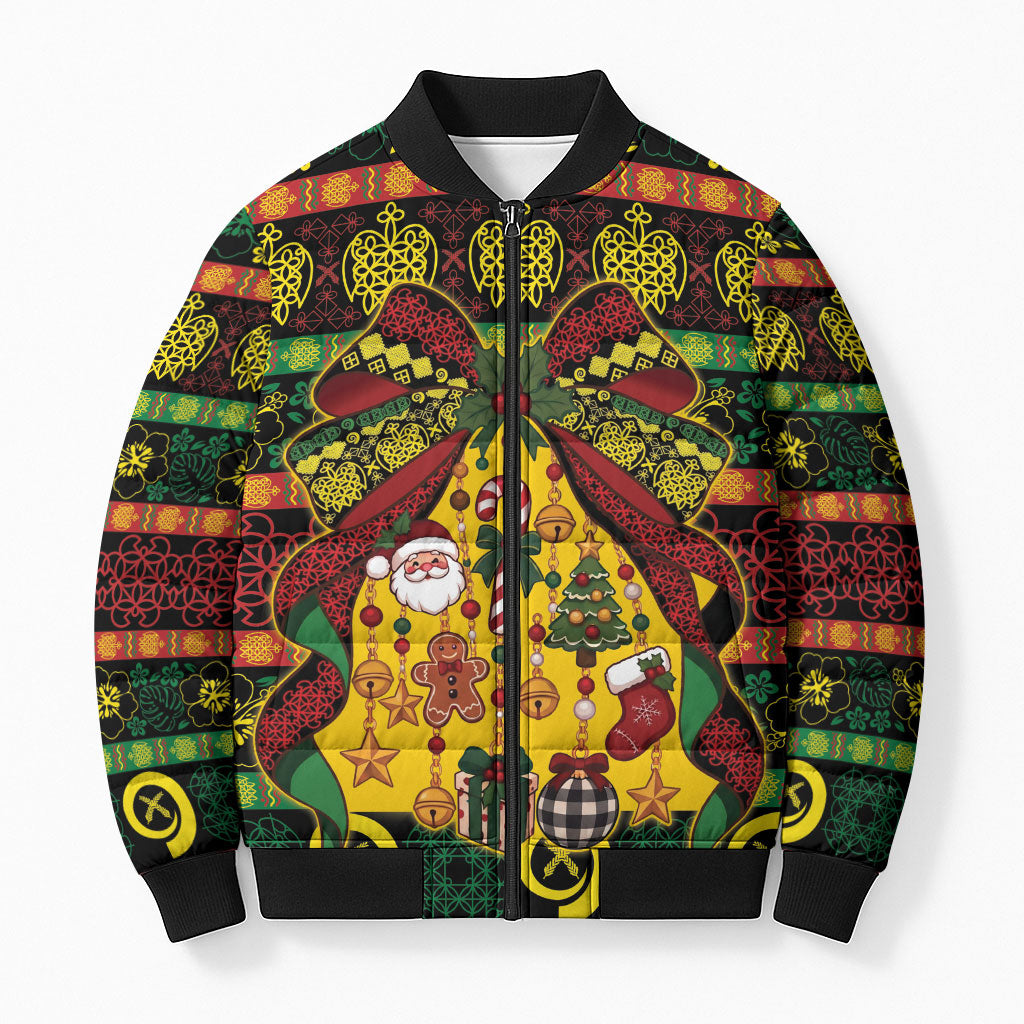 Vanuatu Sand Drawing Christmas Bow Bomber Puffer Jacket Meri Krismas LT9 Unisex Multicolor - Polynesian Pride