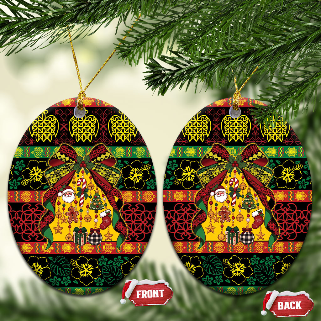 Vanuatu Sand Drawing Christmas Bow Ceramic Ornament Meri Krismas LT9 Oval Multicolor - Polynesian Pride