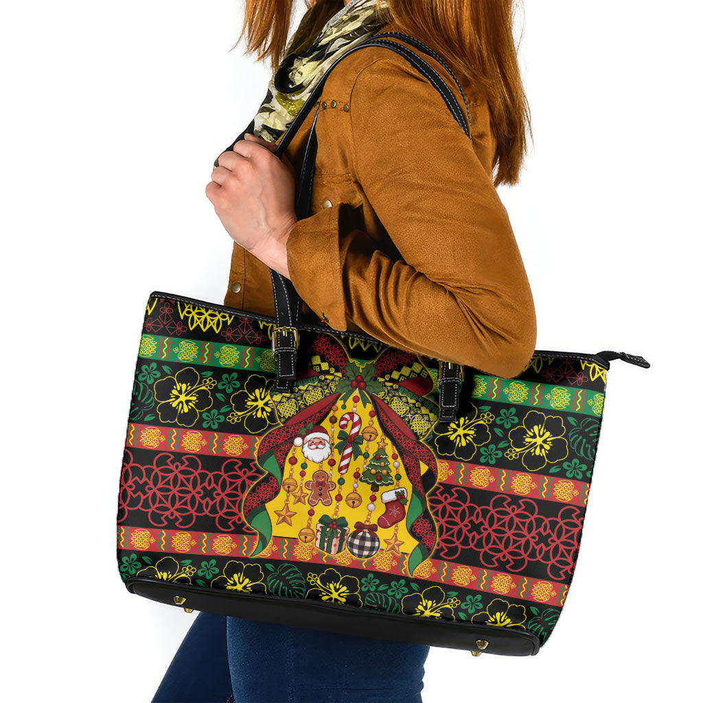 Vanuatu Sand Drawing Christmas Bow Leather Tote Bag Meri Krismas