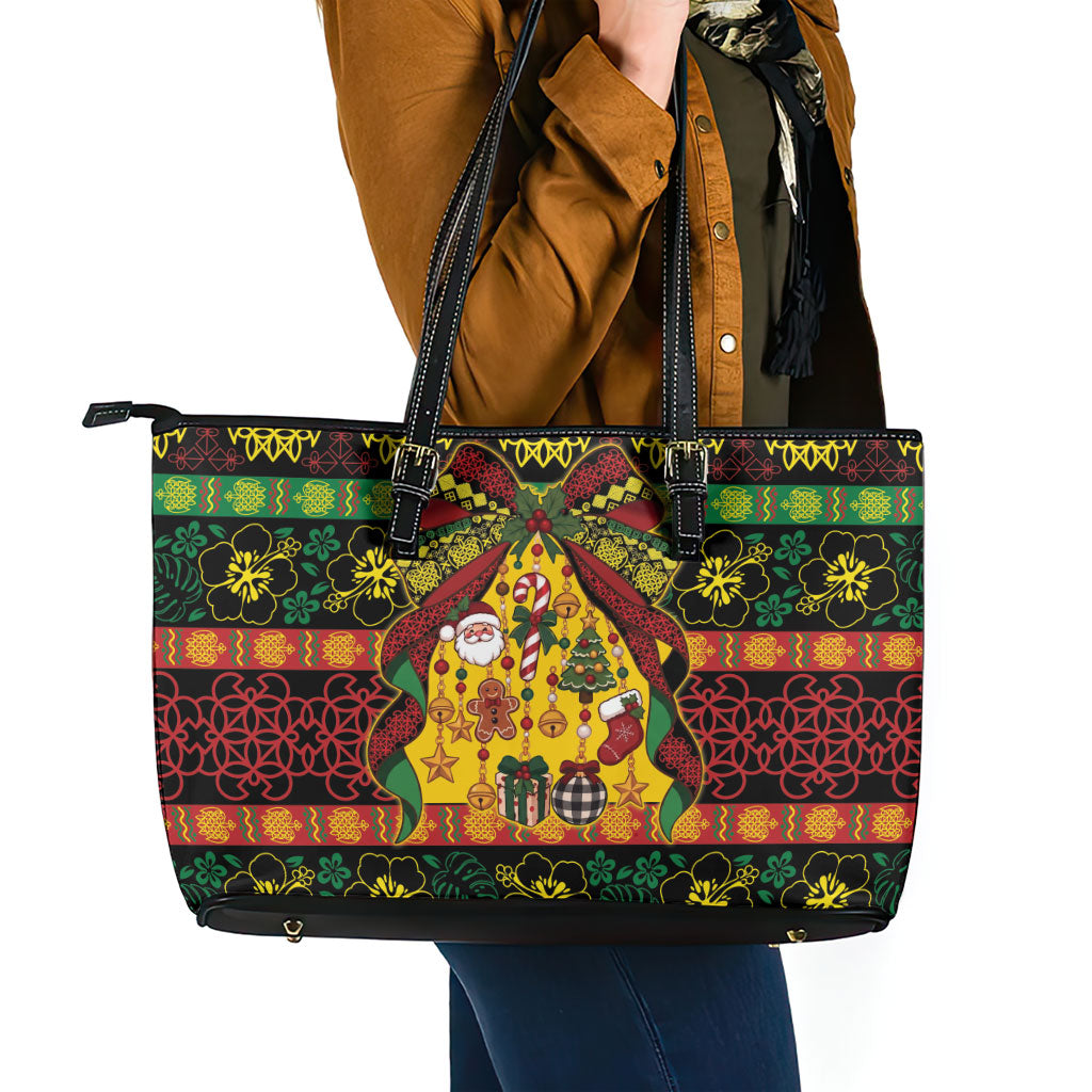 Vanuatu Sand Drawing Christmas Bow Leather Tote Bag Meri Krismas