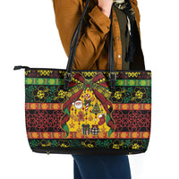 Vanuatu Sand Drawing Christmas Bow Leather Tote Bag Meri Krismas