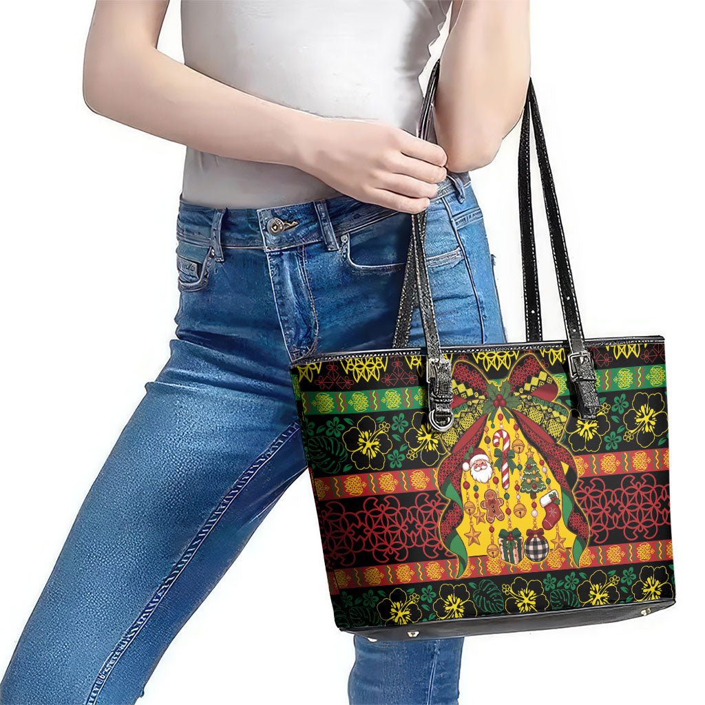 Vanuatu Sand Drawing Christmas Bow Leather Tote Bag Meri Krismas