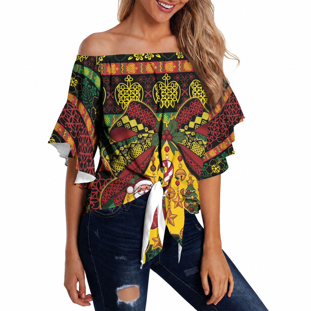 Vanuatu Sand Drawing Christmas Bow Off Shoulder Wrap Waist Top Meri Krismas
