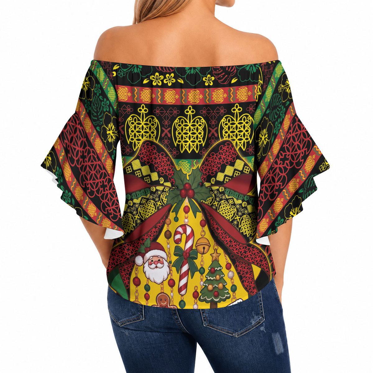 Vanuatu Sand Drawing Christmas Bow Off Shoulder Wrap Waist Top Meri Krismas