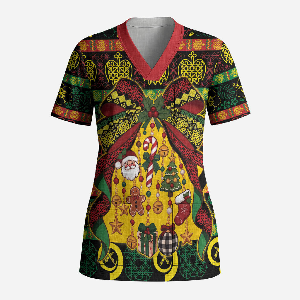 Vanuatu Sand Drawing Christmas Bow Scrub Top Meri Krismas LT9 Adult Multicolor - Polynesian Pride