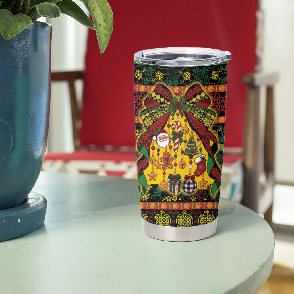 Vanuatu Sand Drawing Christmas Bow Tumbler Cup Meri Krismas