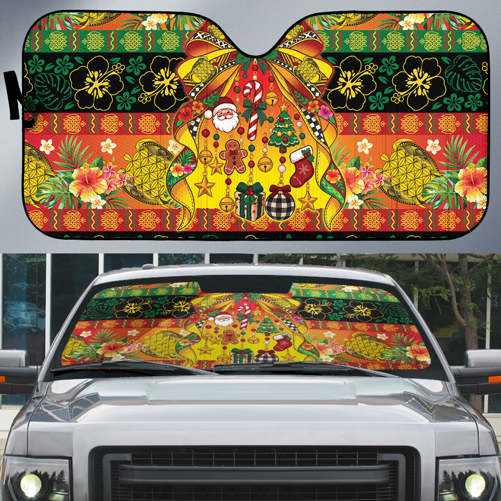 Vanuatu Sand Drawing Christmas Bow Auto Sun Shade Meri Krismas Hibiscus Turtle LT9 Multicolor - Polynesian Pride