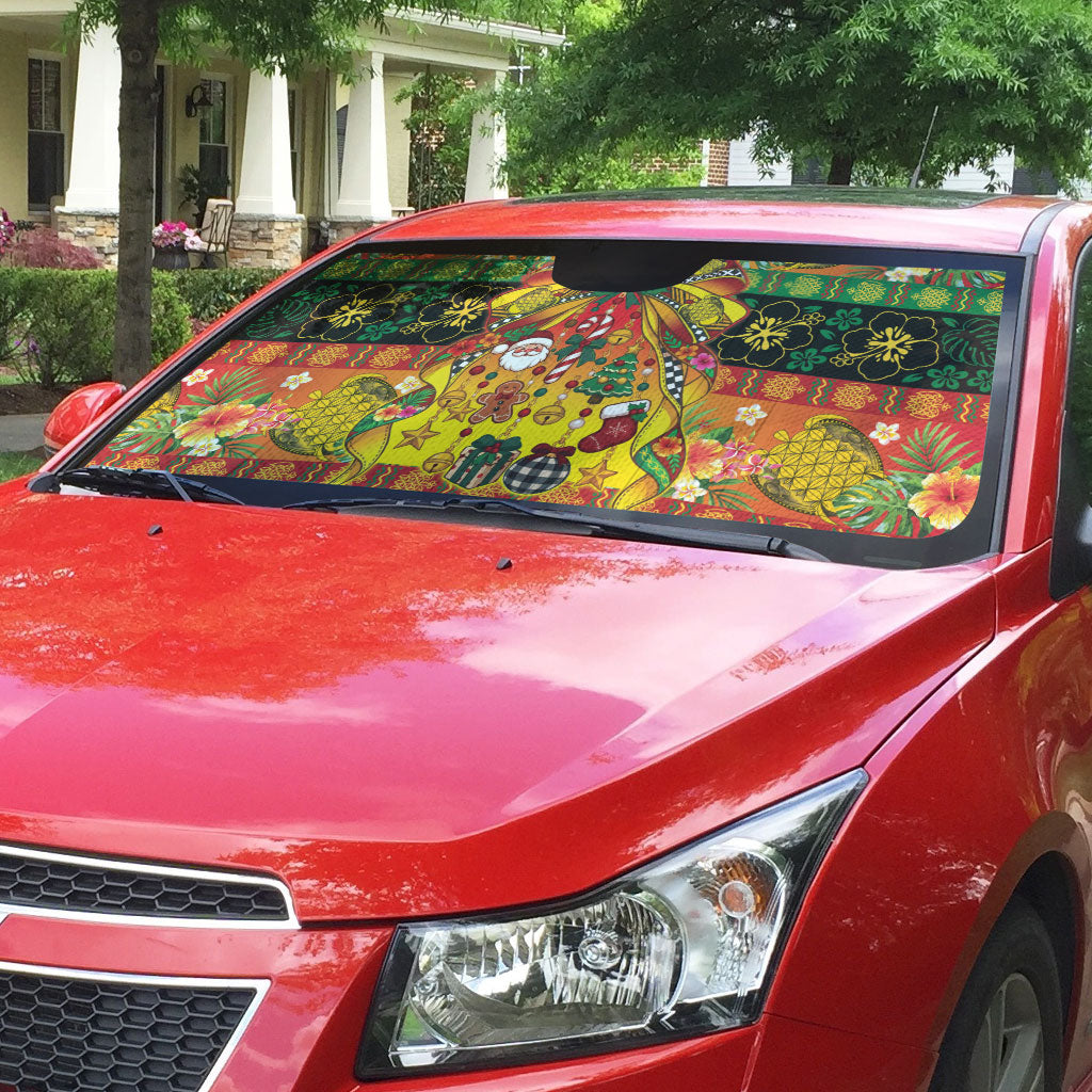 Vanuatu Sand Drawing Christmas Bow Auto Sun Shade Meri Krismas Hibiscus Turtle LT9 - Polynesian Pride