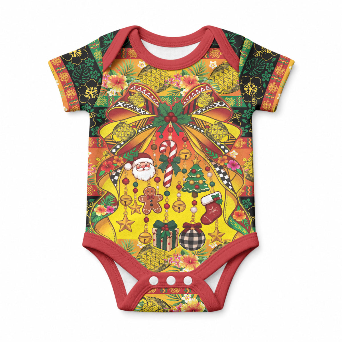 Vanuatu Sand Drawing Christmas Bow Baby Onesie Meri Krismas Hibiscus Turtle LT9 Multicolor - Polynesian Pride